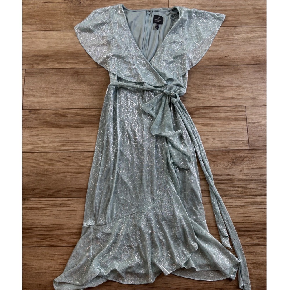 Adrianna‎ Papell Metallic Knit Faux Wrap Midi Dress Sage Green Silver Floral 6